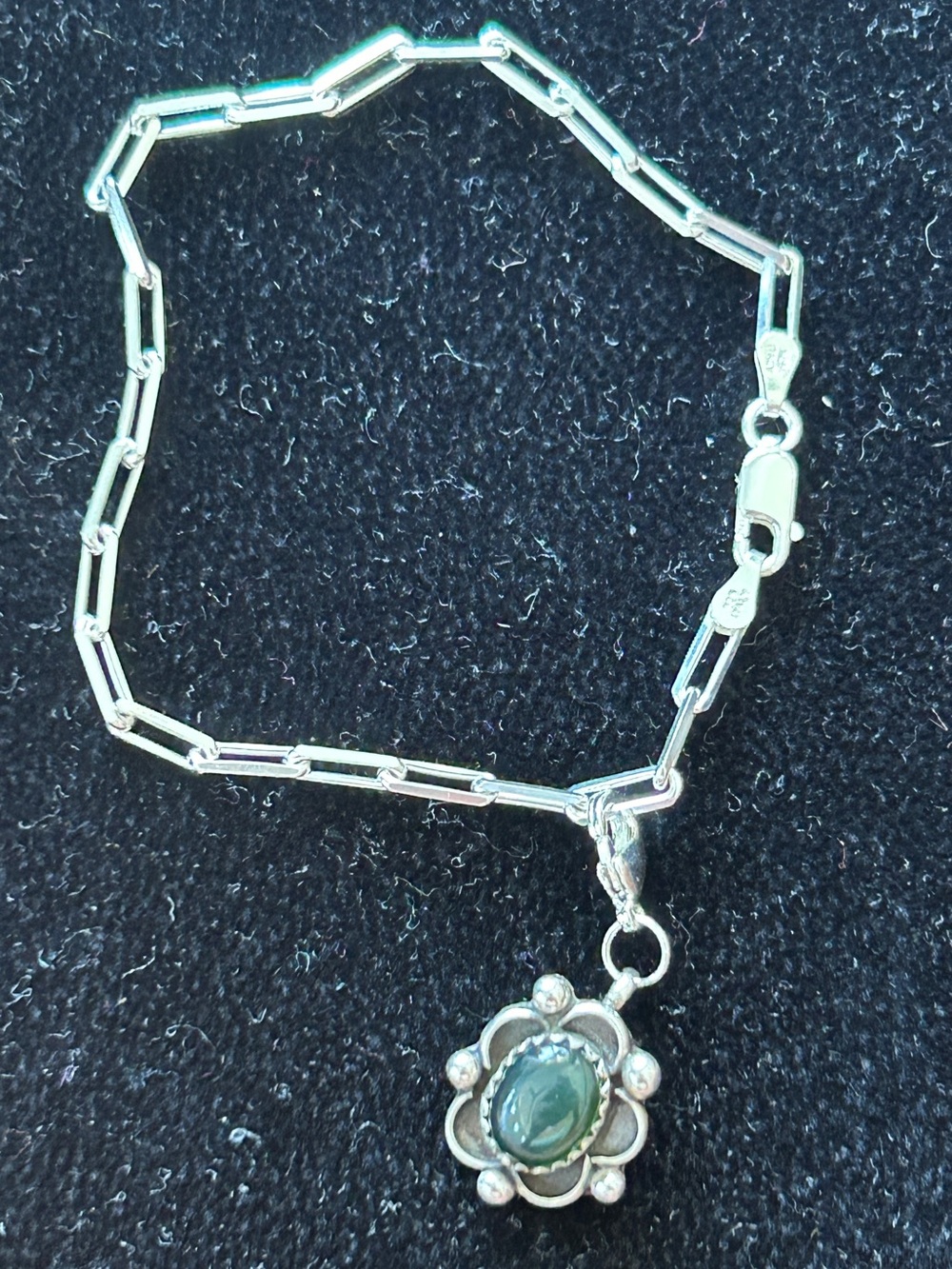 Vintage Native green turquoise charm on sterling paperclip bracelet.